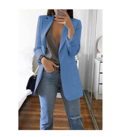 Women's Casual Blazer Notched Lapel Long Sleeve Open Jacket with Pockets Slim Fit Spring Autumn Office Lady Streetwear Coat