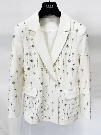 Solid Blazer Women Beaded Rhinestone Embellished Lapel Long Sleeve Dangling Charms Formal Evening Party Suit Jacket 2026