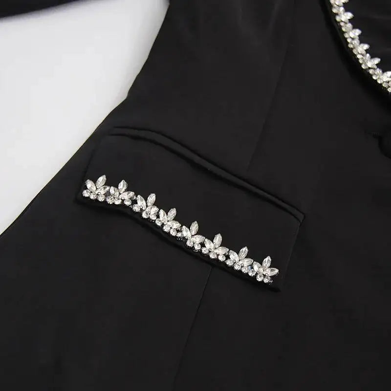 Women Blazer Studded Diamonds Patchwork Cuff Feather Single Button Slim Fit Elegant Jacket High-End Coat New Spring HK11098