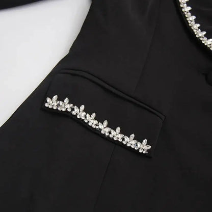 Women Blazer Studded Diamonds Patchwork Cuff Feather Single Button Slim Fit Elegant Jacket High-End Coat New Spring HK11098