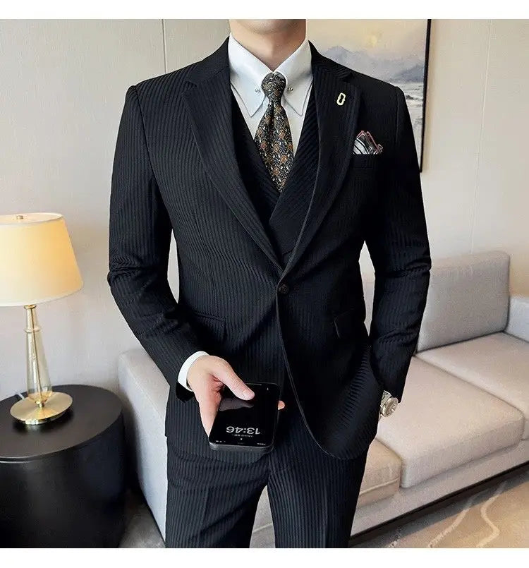 Men's Slim Fit 2-Piece Suit – Striped Single-Breasted Blazer and Trousers for Wedding, Business & Formal Wear