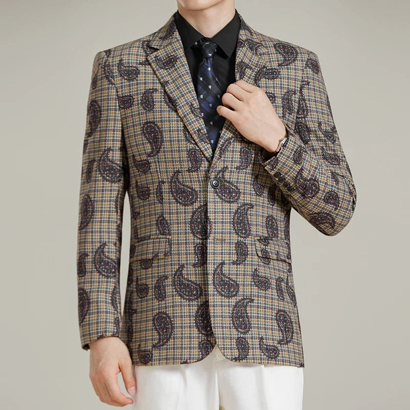Autumn Winter Cashew Plaid Suit Jacket Men Fashion Casual Embroidered Jacquard Suit Jackets Business Social Party Men Blazers