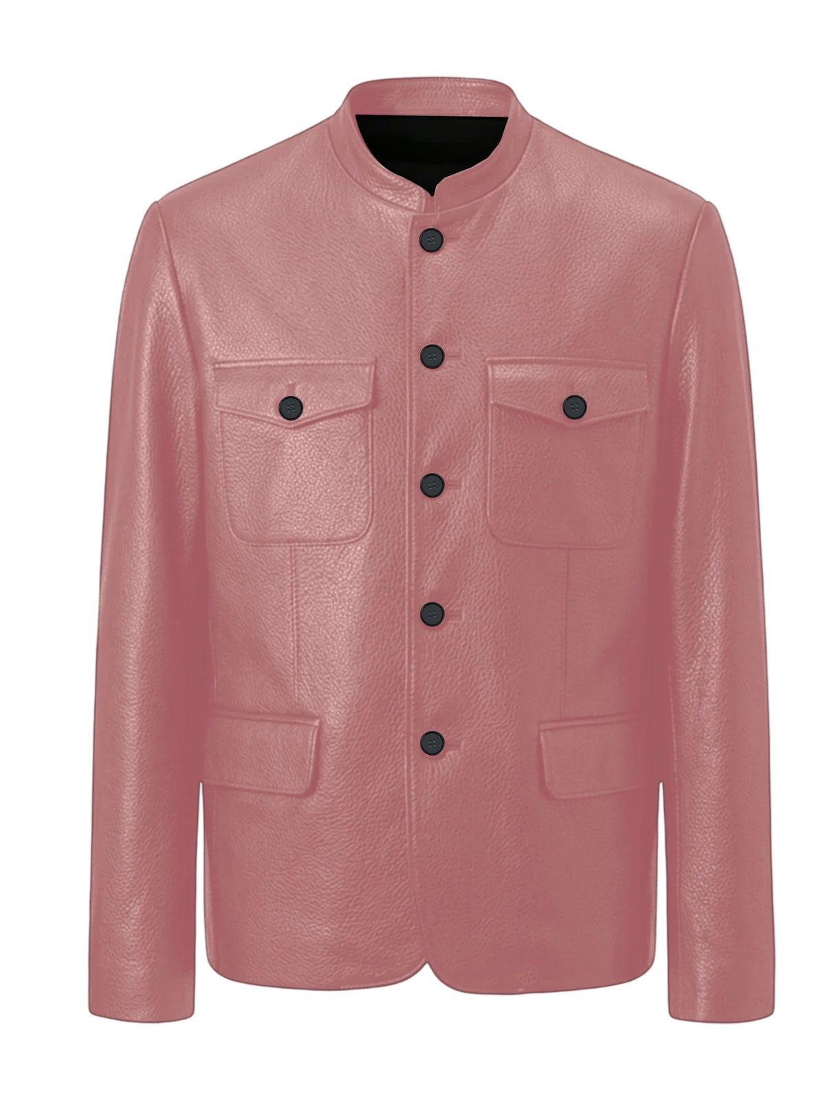 Men Premium Leather-Like Stand Collar Jacket Single Breasted Casual Multi-Pocket Slim Fit Business Outerwear