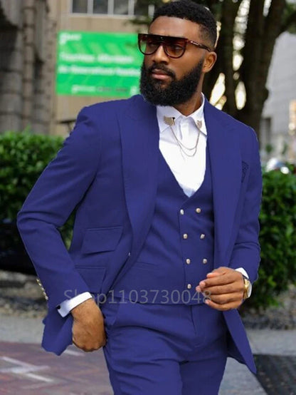 Formal Solid Men 3 Piece Wedding Suit Groom Tuxedo Slim Fit Peak Lapel Jacket Business/Wedding Suit Sets(Blazer+Pants+Vest)