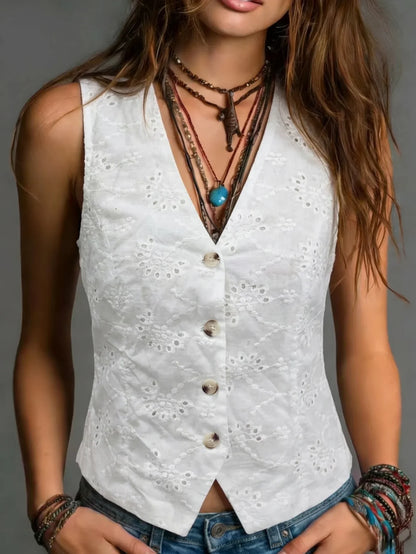 Women's Elegant Sleeveless Waistcoat, Exquisite Embroidered Hollow‑Out Vest, Slim‑Fit Minimalist Commuter Outerwear for Spring &