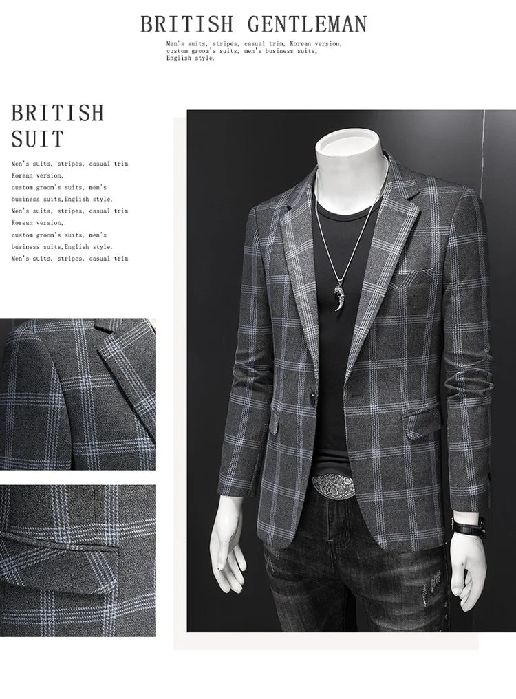 2025 Slim Fit Men's Casual Suit Handsome Fashion Plaid Blazer Polyester Business Wedding High-Quality Male Attire