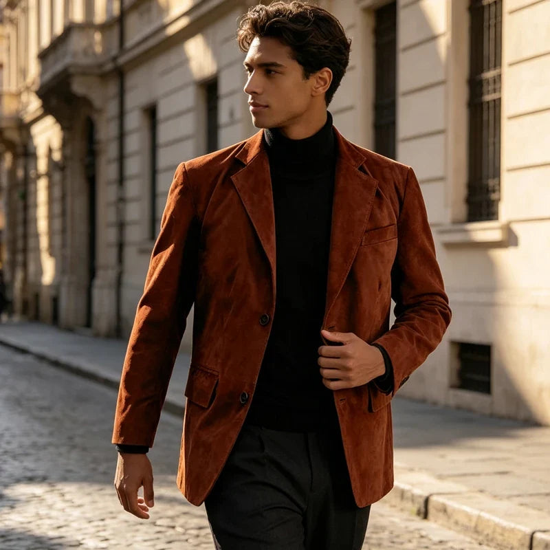Retro Men Faux Suede Blazer Notched Lapel 2 Button Slim Fit Casual Suit Coat Business Formal Jacket For Wedding Party Daily Wear