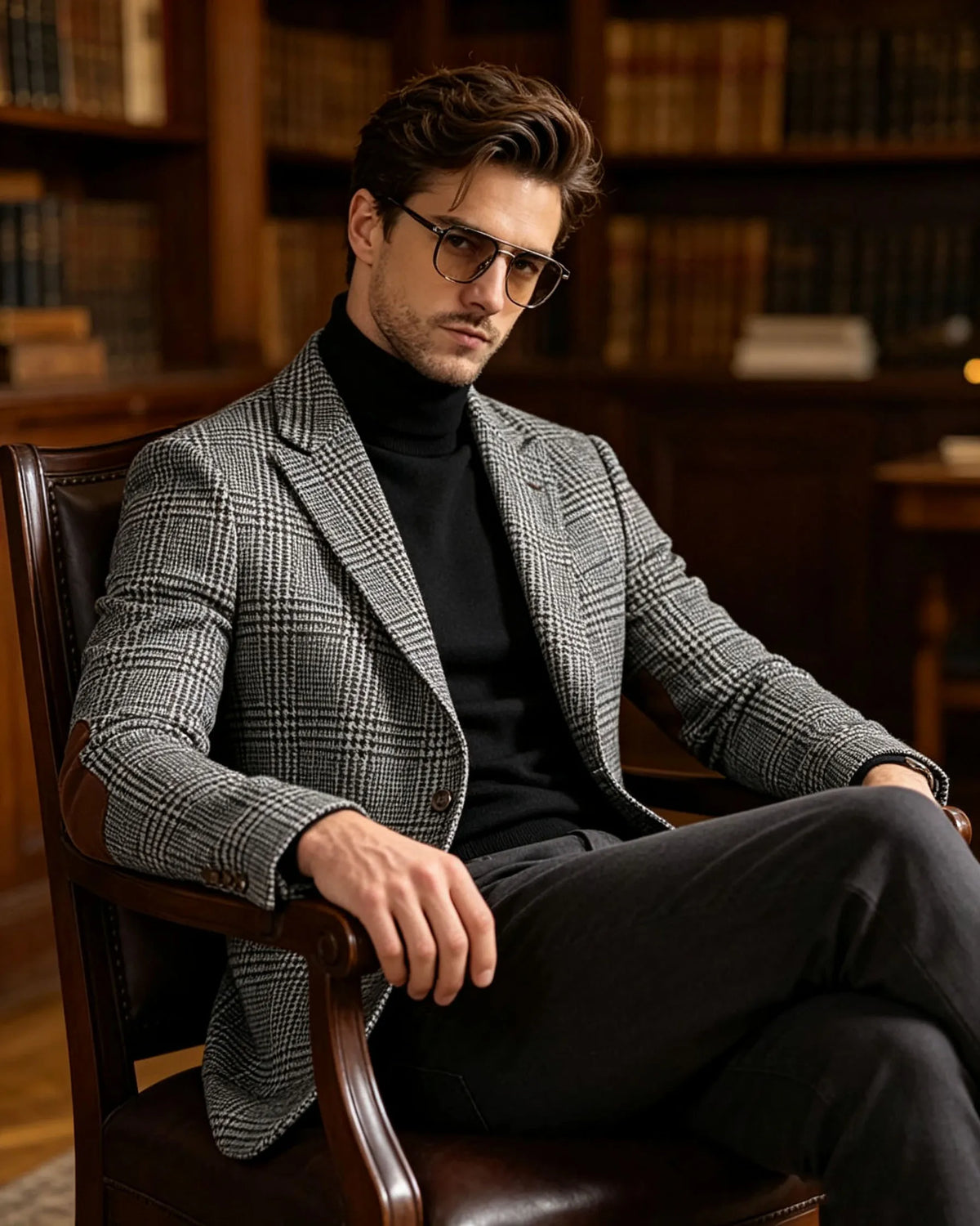 Vintage Wool Blend Plaid Men's Jackets Notched Collar Slim Fit Single Breasted Blazers With Suede Elbow Patches Business Casual