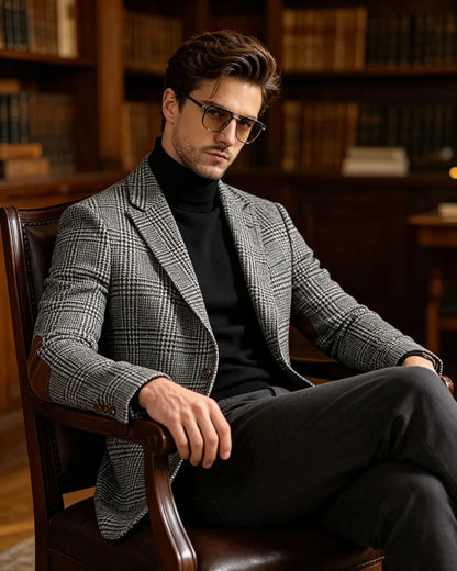 Vintage Wool Blend Plaid Men's Jackets Notched Collar Slim Fit Single Breasted Blazers With Suede Elbow Patches Business Casual