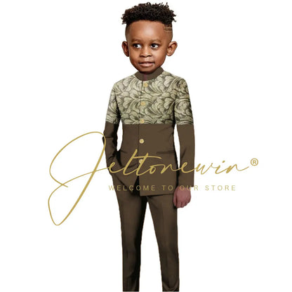 African Style Boys Suit Burgundy Gold Floral Jacket Pants 2 Piece Set Stand Collar Blazer Wedding Tuxedo Kids Formal Party Dress
