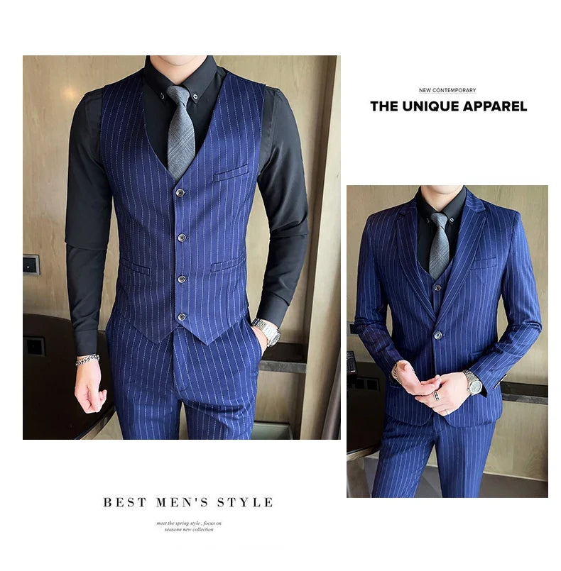 2024 Slim Fit Striped Three-Piece Business Suit Vest Trousers Set Korean Fashion Trend Handsome Wedding Outfit