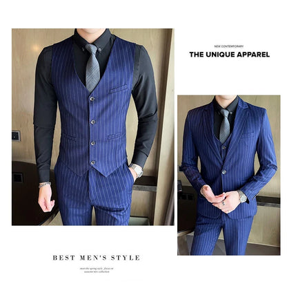 2024 Slim Fit Striped Three-Piece Business Suit Vest Trousers Set Korean Fashion Trend Handsome Wedding Outfit