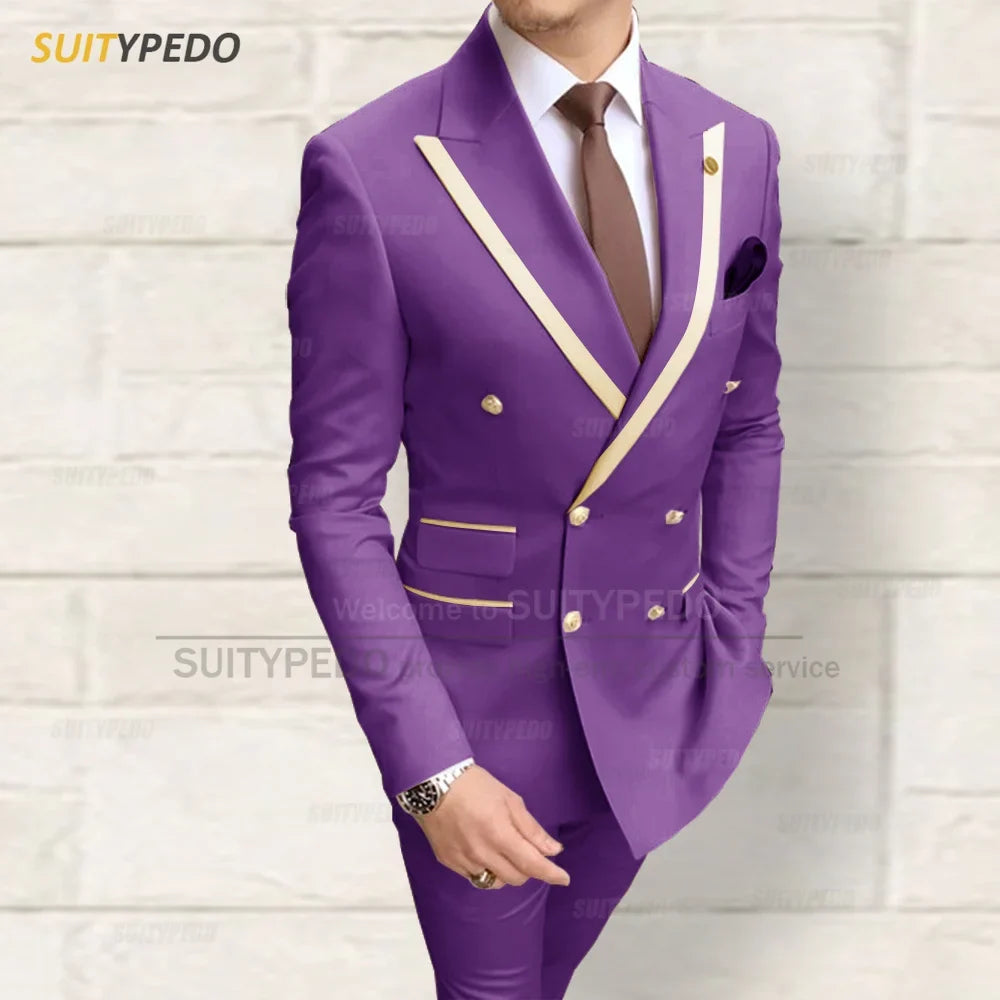 Fashion Men Red Suit Sets Wedding Party Custom Groomsman Elegant Outfits Birthday Banquet Male Stylish Blazer Pants 2 Pieces