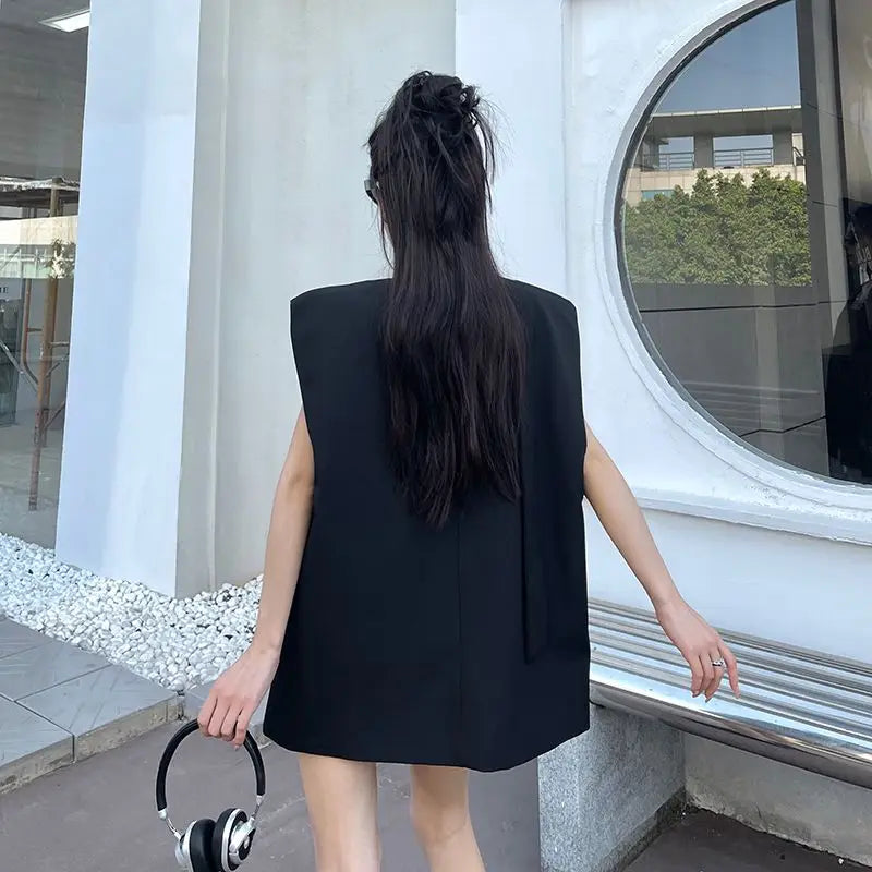 Women Black Blazer Vest Spring Autumn Casual Sleeveless Suits Jacket Female Korean All-Match Blazers Waistcoat Loose Outwear Top