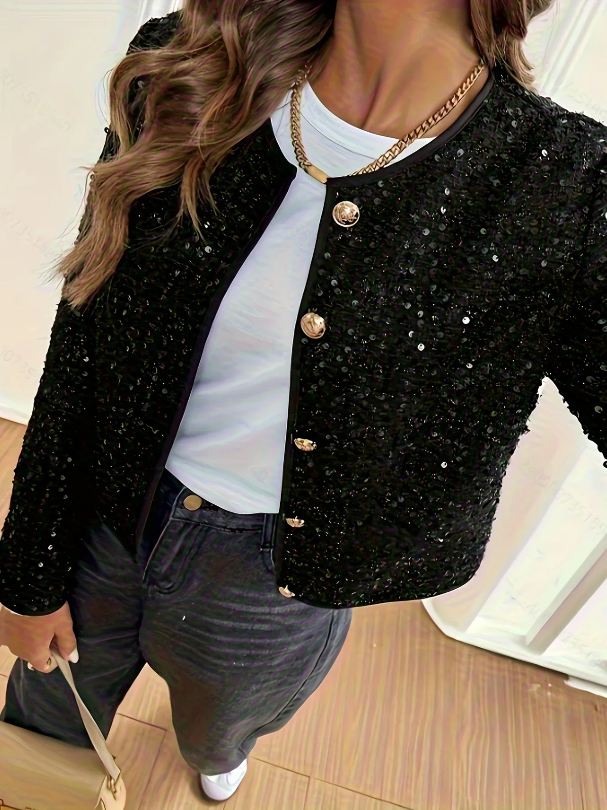 Gold Button Fashion Sequin Short Blazer