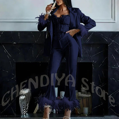 Women's Two Pieces Set Luxury 2026 Slim Fit Notch Lapel Glamorous Feather Blazer Formal Evening Party Tailored Made Outfit