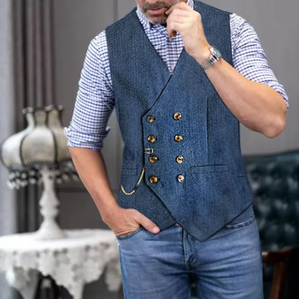 Men's Waistcoat Herringbone Double Breasted Vest for Wedding Banquet