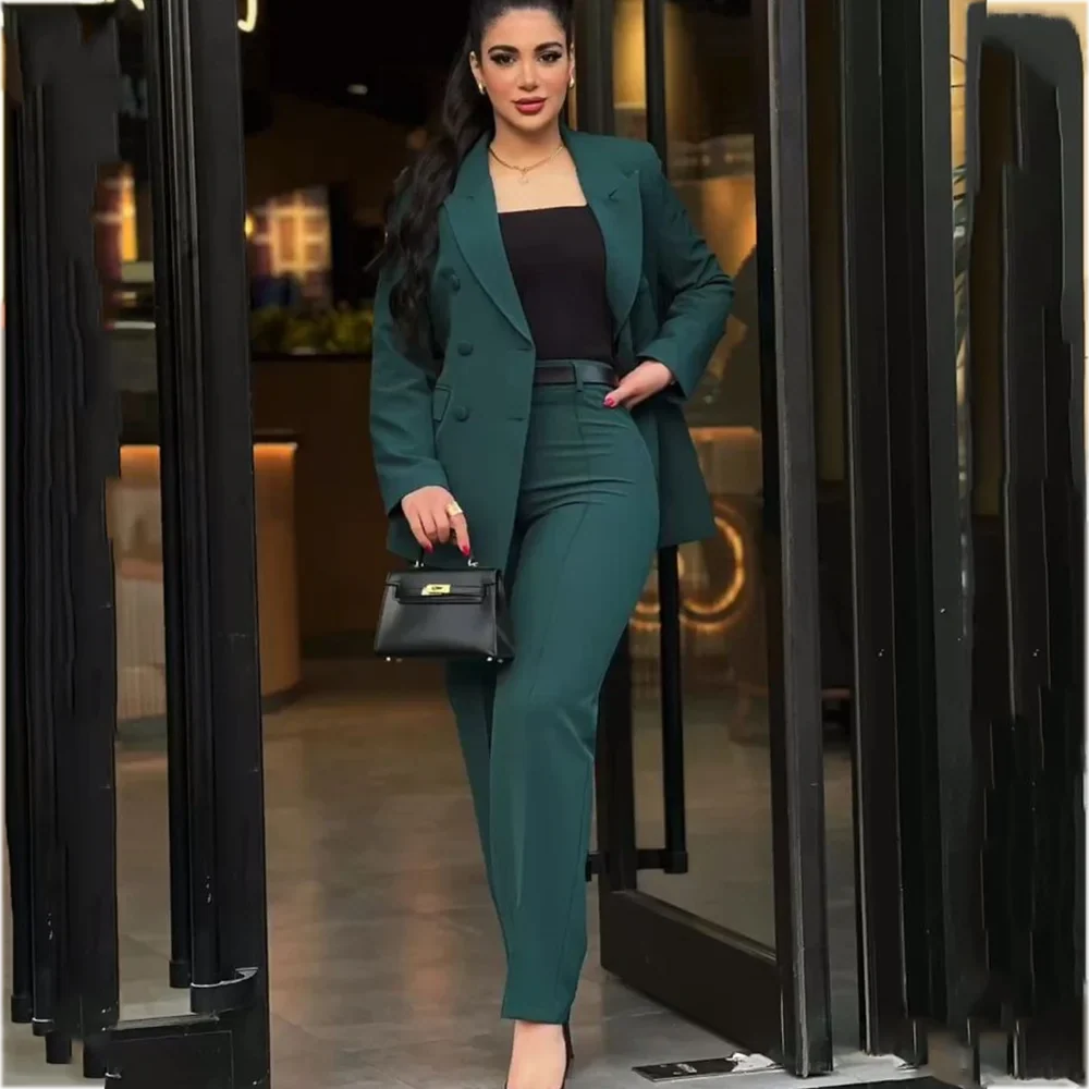 Women 2 Piece Suit Double Breasted Blazer Slim Solid Color Pant Suits Elegant Formal Outfit For Office Business Dinner Party