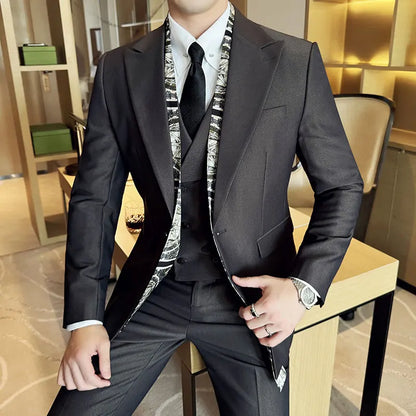 Double Collar Suit Set 3 Pieces Business Formal Casual Suits Vest Trousers Office Work Party Prom Wedding Groomsmen Clothing