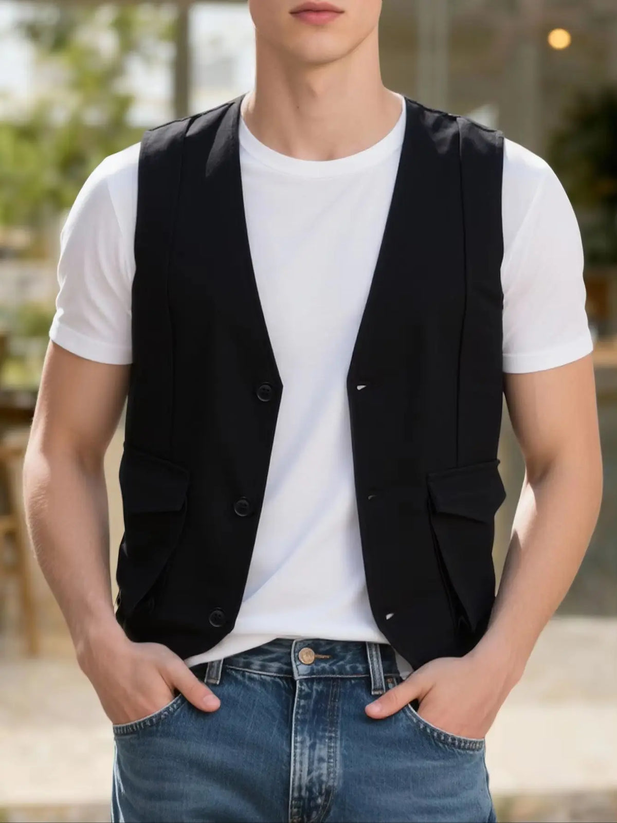 Men's Vest Solid Black Slim Fit V-Neck Single Breasted Sleeveless Waistcoat