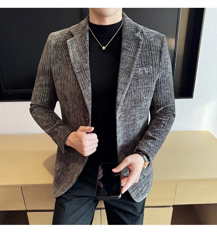 2025 Winter Chenier Thick Suit Jacket for Men Korean Slim Fit Casual Business Men Blazers Wedding Groom Office Social Dress Coat