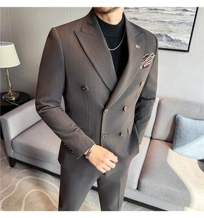 (Jackets+Pant) High Quality Dark Striped Double Breasted Suit Luxury Men Fashion Elegant Tuxedo Formal Groom Wedding Social Suit