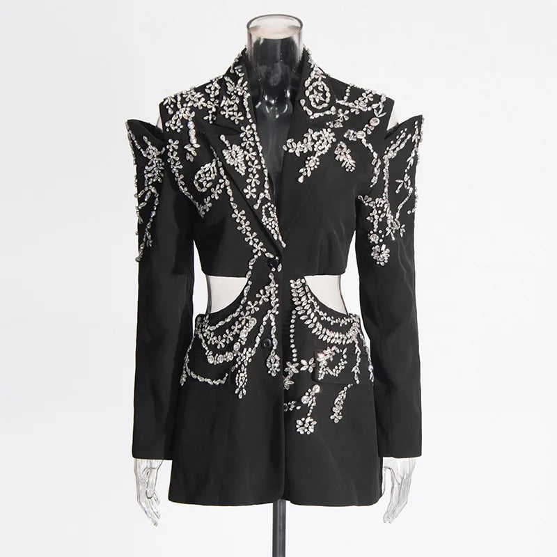 Sexy Stylish Coats 2025 Spring Autumn New Women Diamonds Nail Bead Heavy Waist Exposed High Sense Long Sleeve Blazer HK3760