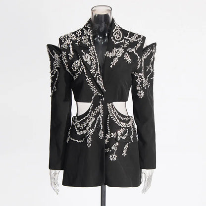 Sexy Stylish Coats 2025 Spring Autumn New Women Diamonds Nail Bead Heavy Waist Exposed High Sense Long Sleeve Blazer HK3760