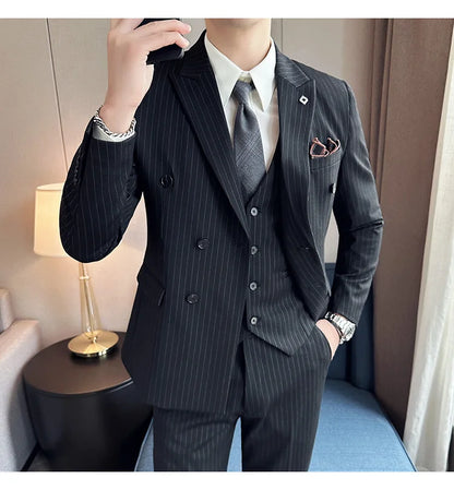(Jacket + Vest + Pants)Three Piece Set Men Blazers Set stripe Suits Busines Casual Slim Fit Formal Dress Groom Tuxedo Wedding