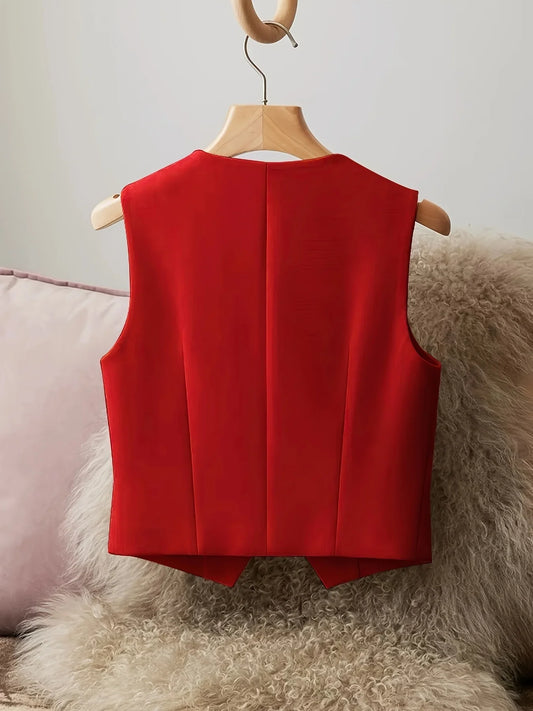 Elegant Women's Red Tailored Vest V-Neck Button-Front Sleeveless Waistcoat for Office & Casual Wear for Layering Spring And Summ