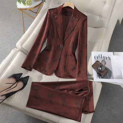 Two-Piece Leaf Print Blazer Pantsuits Set for Women Office Ladies Business Single Buttons Formal Spring Autumn Trousers Suit
