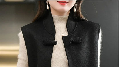 Woolen Vest Women's Standing Neck Button Chinese Style Loose Versatile Thin Wool Vest Outerwear Coat Sleeveless Jacket For Women
