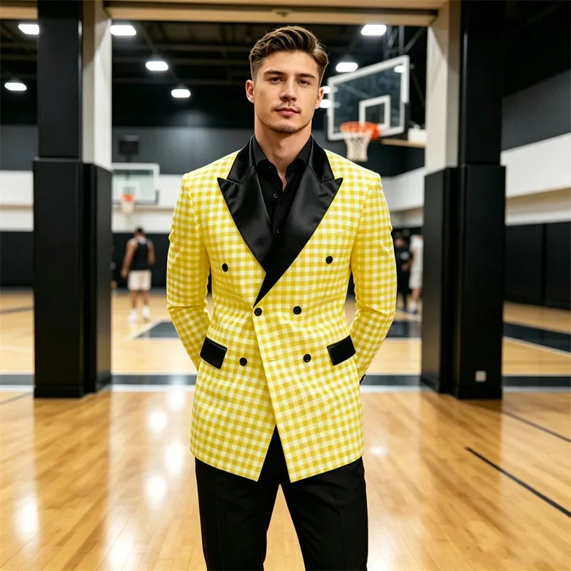 Men's Checkered Double Breasted Blazer Tailored Slim Fit Formal Jacket For Wedding Groom Cocktail Event Prom Dinner Party Coat