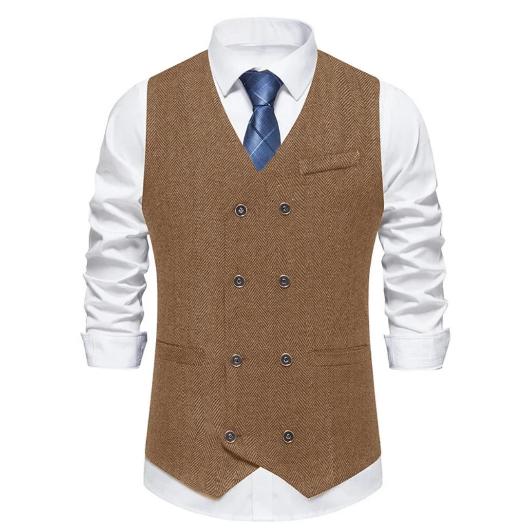 Men's Herringbone Vest Double Button V-Neck Waistcoat for Weddings & Business