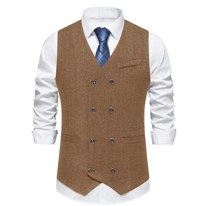 Men's Herringbone Vest Double Button V-Neck Waistcoat for Weddings & Business