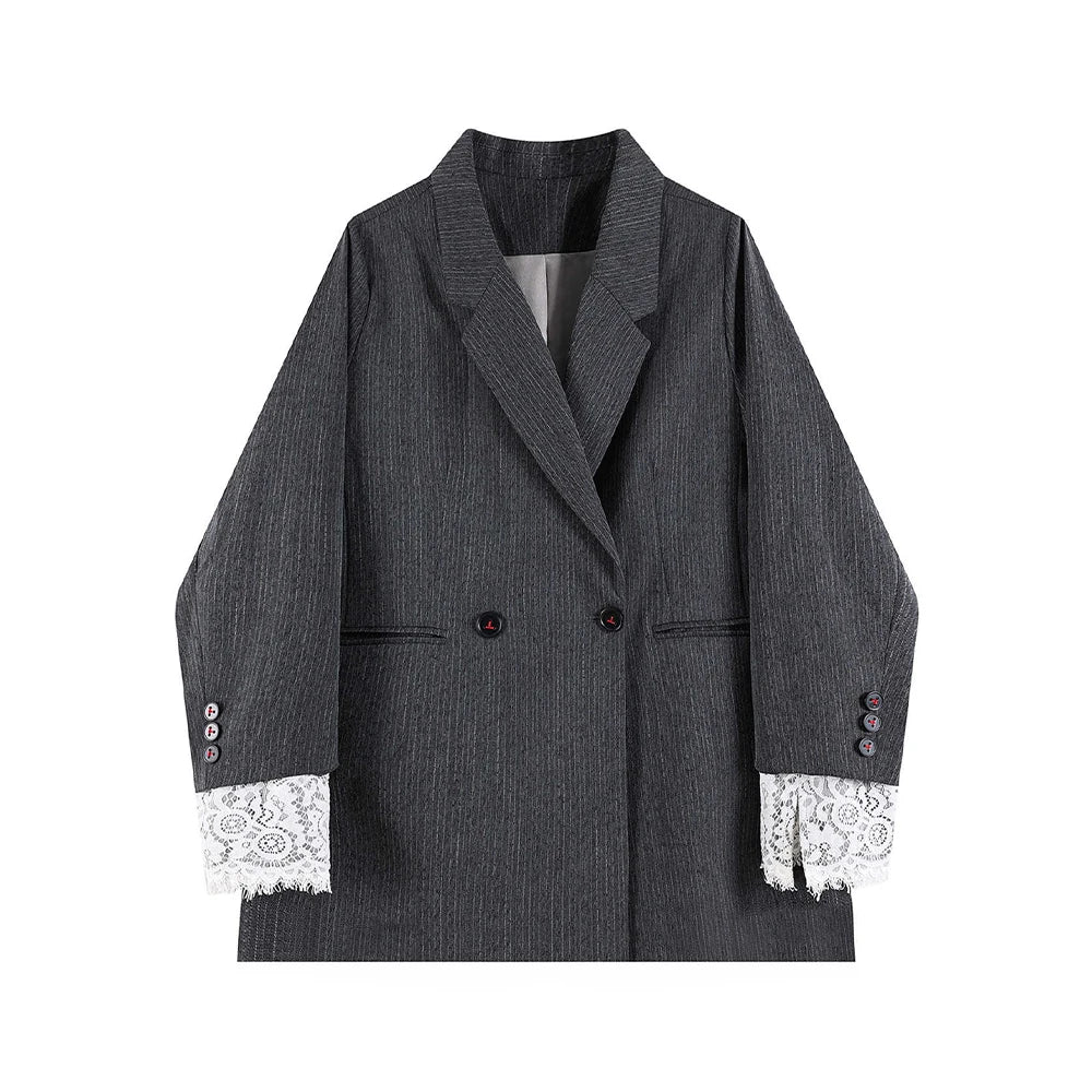 Women's Grey Lace Patchwork Blazer Jacket Vintage Suit Coat Harajuku Elegant Long Sleeve Casual Outerwear 2000s Clothes Autumn