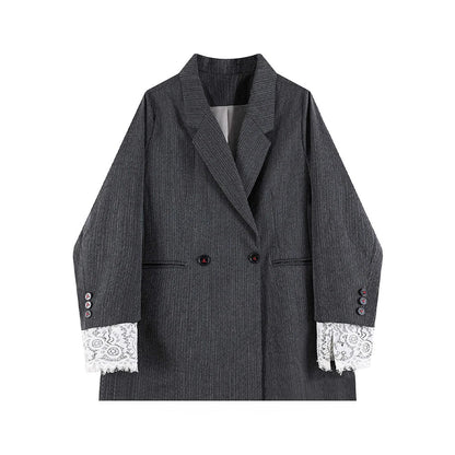 Women's Grey Lace Patchwork Blazer Jacket Vintage Suit Coat Harajuku Elegant Long Sleeve Casual Outerwear 2000s Clothes Autumn