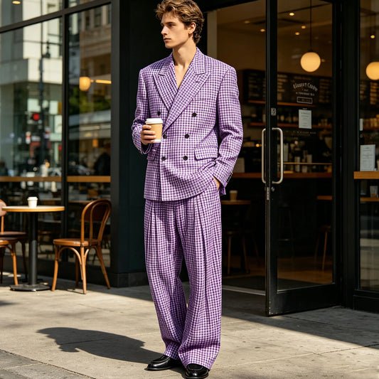 Men's Thin 2 Piece Suit Double Breasted Peak Lapel Blazer Wide Straight Leg Pants Summer Formal Set For Wedding Party