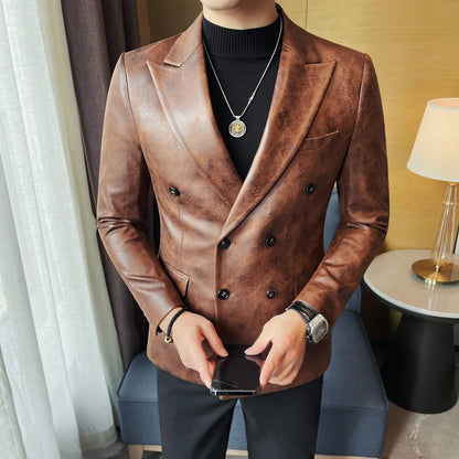 Retro Double Breasted Leather Jacket Mens High-end Fashion Slim Fit business Casual Suit Coat Formal Social Party Prom Tuxedos