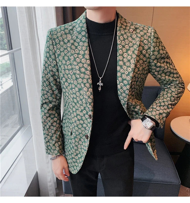 Autumn Winter Corduroy Flower Blazers Men Slim Fit Casual Suit Jacket Casual Suit Jacket Wedding Business Dress Coat Streetwear