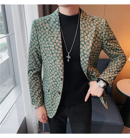 Autumn Winter Corduroy Flower Blazers Men Slim Fit Casual Suit Jacket Casual Suit Jacket Wedding Business Dress Coat Streetwear