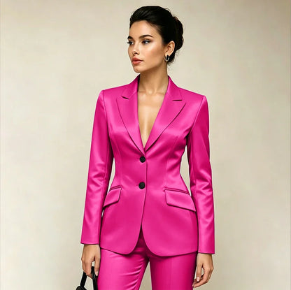 Professional Women’s Black Satin Suit Two Piece (Jacket+Pants) Set for Elegant Formal Party Office Streetwear Fashion Outfit