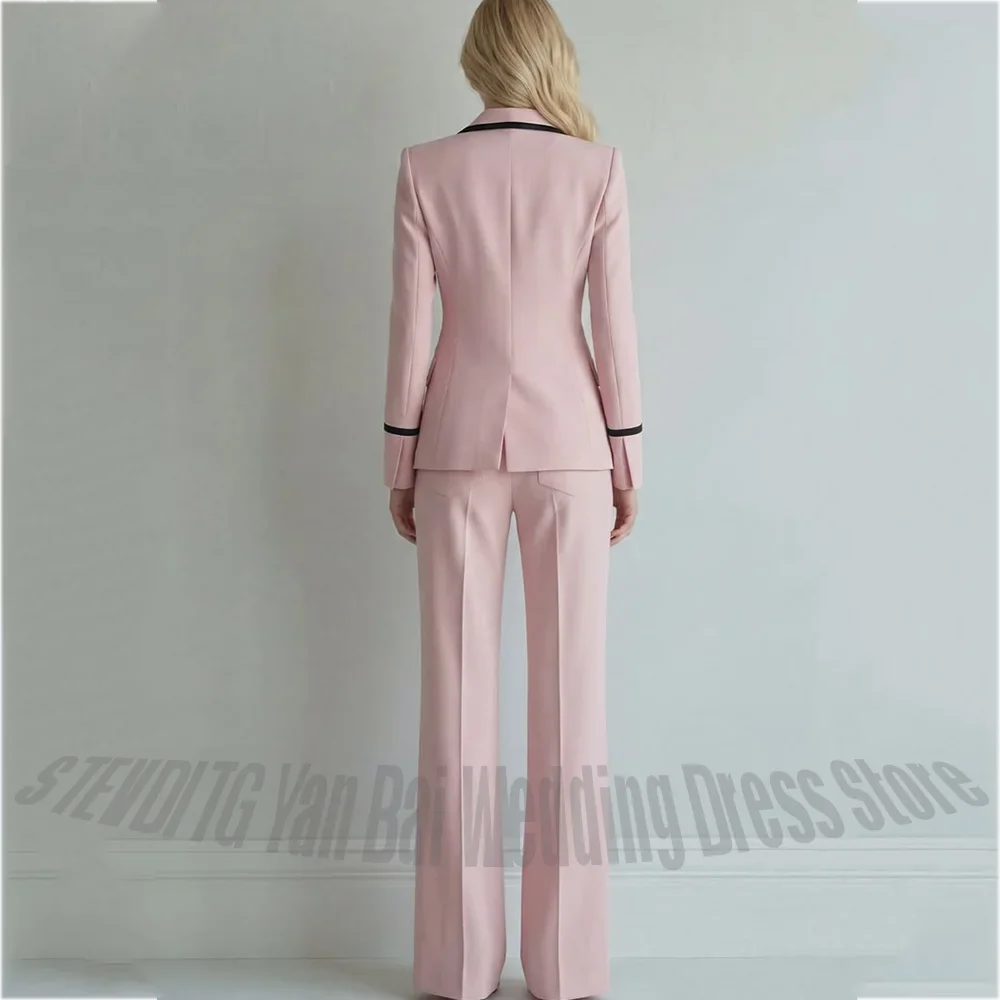 Blush Pink Women Pants Suit With Black Trim Single Button Peaked Lapel Blazer Outfit Elegant Formal Office Party Two Piece Set
