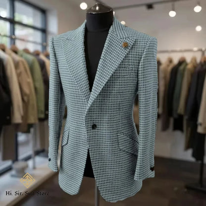Houndstooth Blazer Men Slim Fit Plaid Suit Jacket Tuxedo One Button Peak Lapel Business Casual Wedding Prom Sport Coats Hot Sale