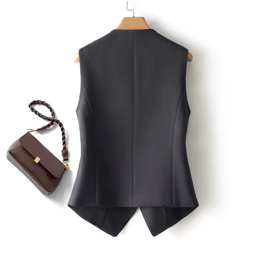 Dark Gray Single-Breasted V Neck Short Vest for Women in Spring and Autum, Slim and Versatile Top for Workplace Can Be Worn Ins