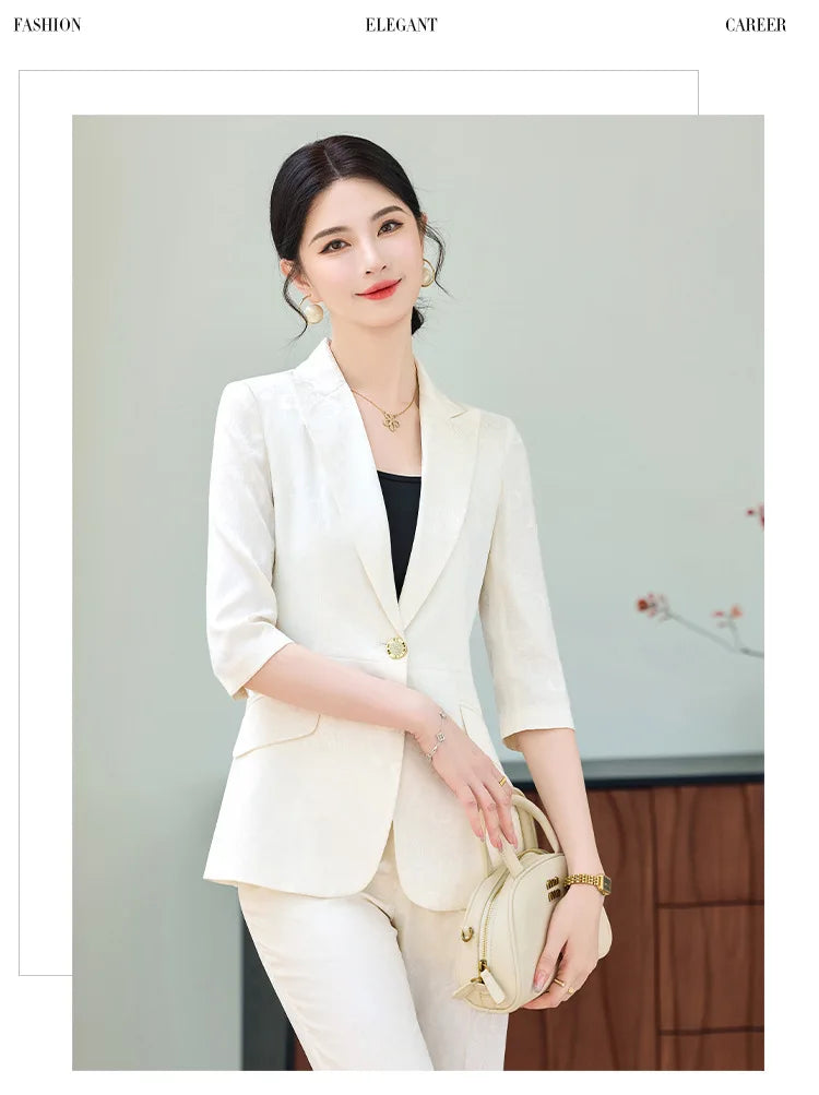 Fashion Purple Half Sleeve Professional Suit Women New Summer Elegant Formal Slim Blazer And Pants Office Ladies Work Wear