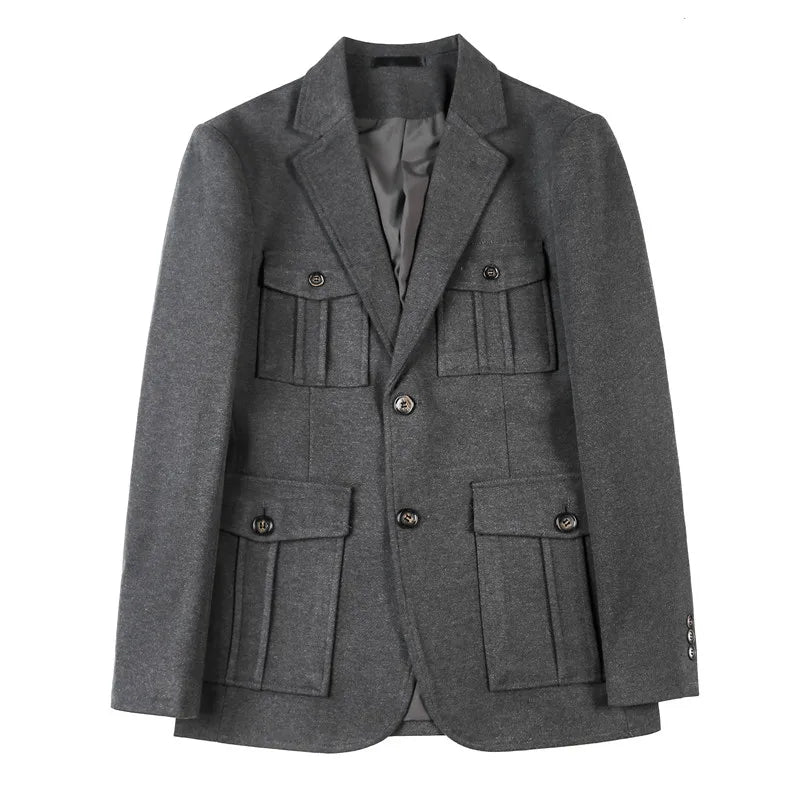 Winter Woolen Suit Jacket for Men Multiple Pockets Slim Fit Casual Business Blazers Masculino Wedding Streetwear Social Coats