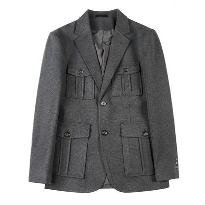 Winter Woolen Suit Jacket for Men Multiple Pockets Slim Fit Casual Business Blazers Masculino Wedding Streetwear Social Coats