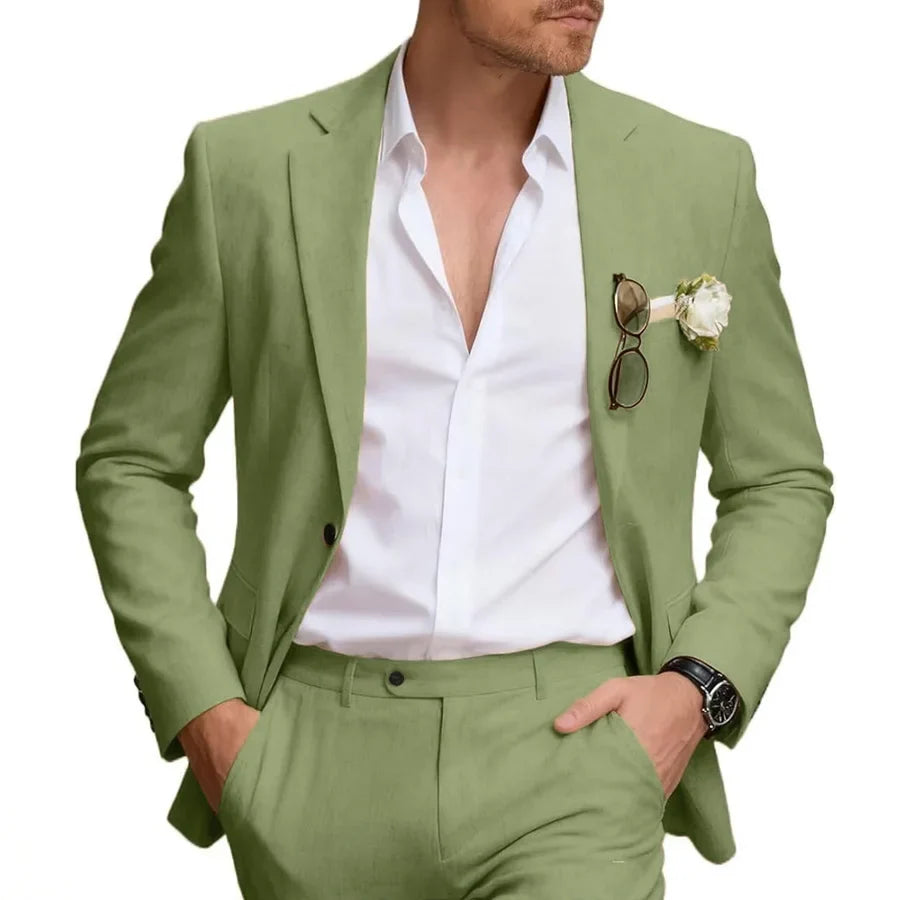 Linen Suits for Men Retro Casual Slim Fit Suit Beach Prom Dress Tux 2 Pieces Set Wedding Groomsmen One-Button Jacket Blazer Pant