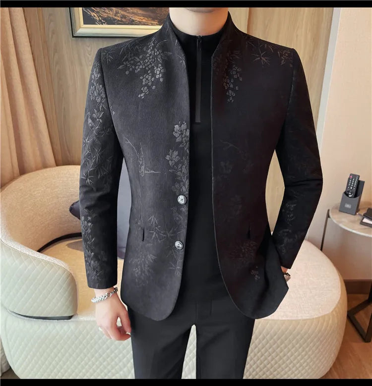 2025 Spring Trendy Jacquard Suit Jacket Men Stand Up Collar Casual Blazers Slim Wedding Business Streetwear Social Dress Coats